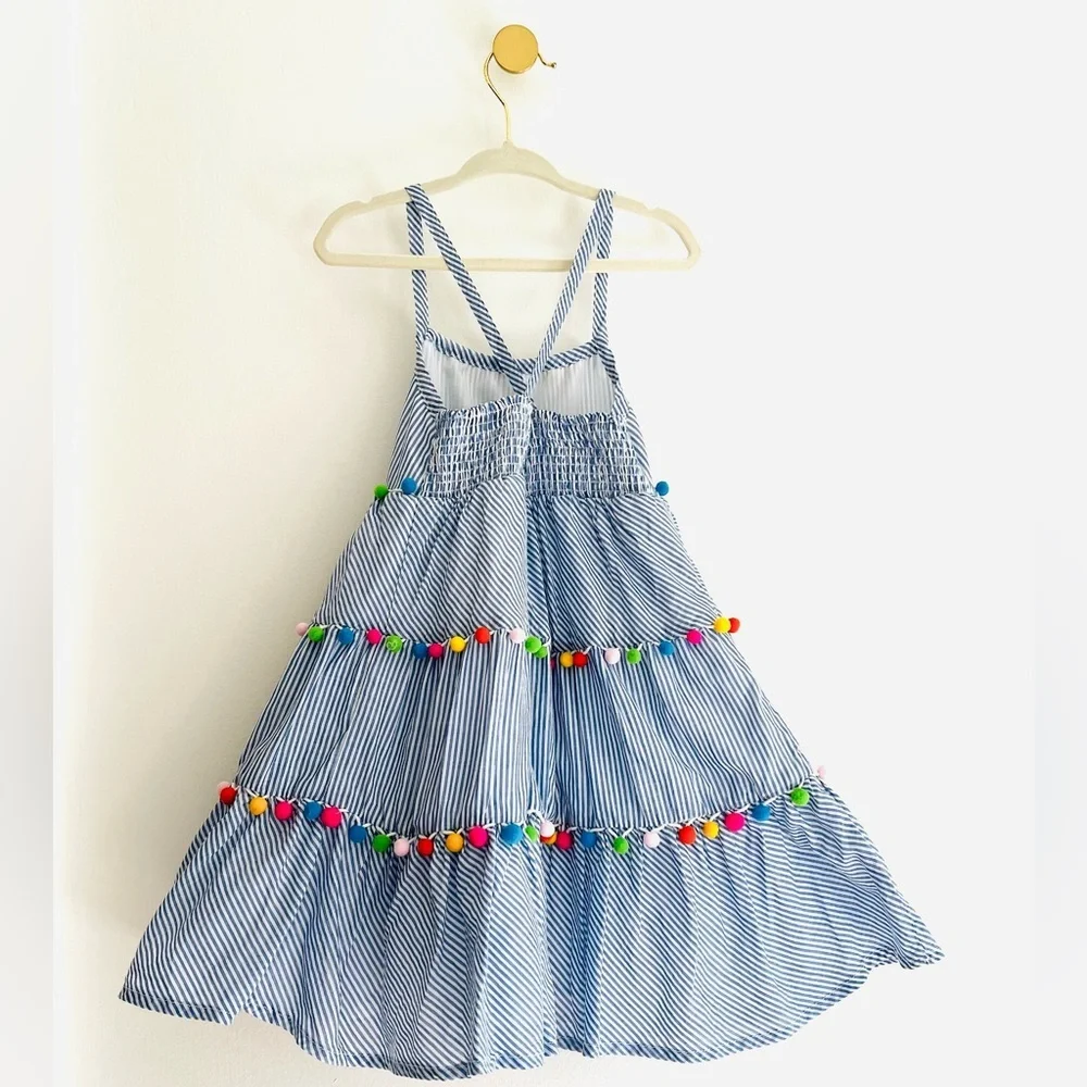 Maggie & Zoe Kids Girls 4T Blue Striped Dress with Colorful Pom Poms - LIKE NEW - Picture 2 of 4